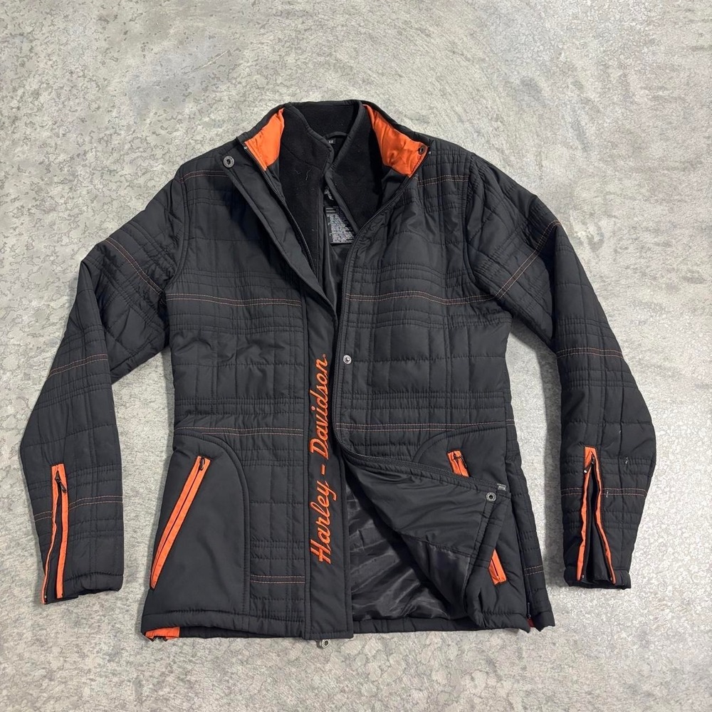 Harley Davidson Black Quilted Jacket Orange Stitching Motorcycle Style Size XS